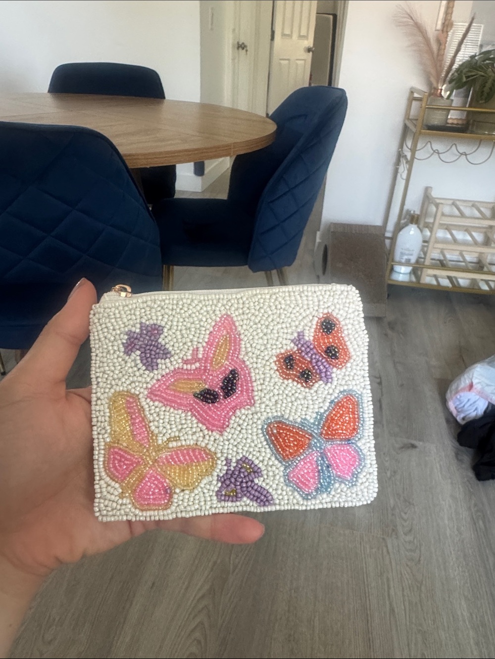 Beaded Butterfly Zip Pouch - White with Pink & Orange Accents